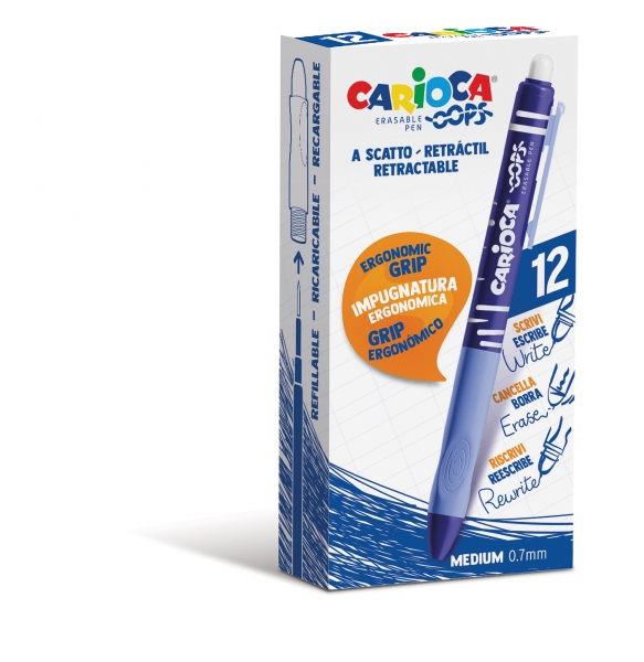 Carioca Oops Boligrafos Borrables - Tinta Termo Sensible - Empuñadura Ergonomica Triangular - Punta de Ø 0.7mm - Recambios Compatibles - Color Azul