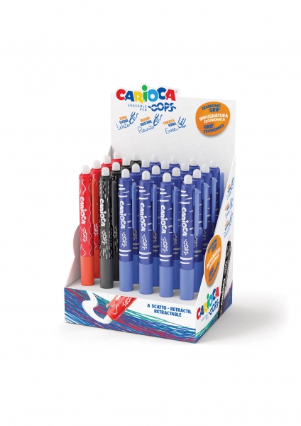 Carioca Oops Expositor de 24 Boligrafos Borrables Retractiles - Tinta Termo Sensible - Empuñadura Ergonomica Triangular - Punta de Ø 0.7mm - Doble Goma - Recambios Compatibles - Colores Surtidos