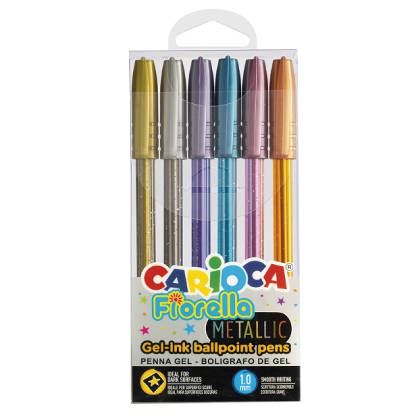 Carioca Fiorella Metallic Pack de 6 Boligrafos de Colores Tinta Gel - Punta de Bola 1mm - Cuerpo Transparente - Colores Metalicos Surtidos