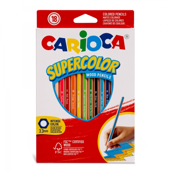 Carioca Supercolor Pack de 18 Lapices de Colores - Cuerpo de Madera Hexagonal - Colores Intensos y Gran Opacidad - Mina de 3.3mm - Colores Surtidos