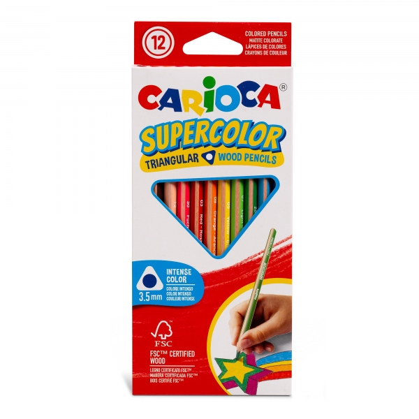 Carioca Supercolor Pack de 12 Lapices de Colores - Cuerpo de Madera Triangular - Colores Intensos y Gran Opacidad - Mina de 3.5mm - Colores Surtidos