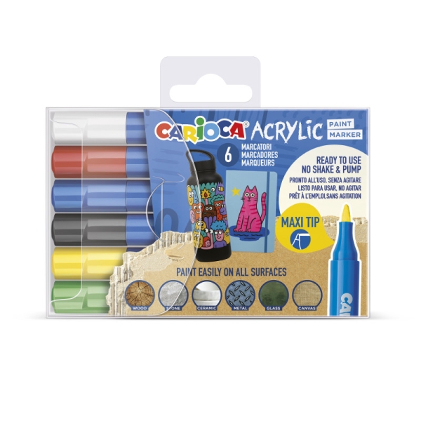 Carioca Acrylic Pack de 6 Marcadores de Pintura Acrilica - Punta Maxi - Tinta a Base de Agua - Alta Cobertura - Colores Surtidos Carioca Acrylic Pack de 6 Marcadores de Pintura Acrilica - Punta Maxi - Tinta a Base de Agua - Alta Cobertura - Colores Surtidos