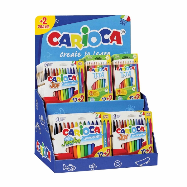 Carioca Expositor 12+2 Incluye 18 Rotulador Joy 12+2, 6 Rotulador Jumbo 12+2, 24 Lapices de Colores Tita 12+2 - Colores Surtidos