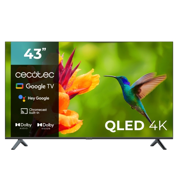 Cecotec V4 Series VQU40043S Televisor Smart TV sin Marco de 43\" QLED 4K UHD - Procesador Cortex A55 - Dolby Vision and Atmos - Google TV - HDMI 2.1 - USB 3.0 - Gama Cromatica Ampliada - Color Negro