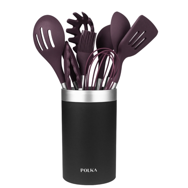 Cecotec Polka Experience Titan Pack de 9 Utensilios de Cocina - Mango de Acero y Caucho Termoplastico - Silicona Antiadherente - Resistente hasta 220°C - Incluye Soporte - Libre de BPA - Color Morado