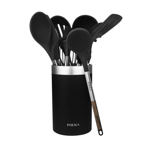 Cecotec Polka Excellence Force Pack de 9 Utensilios de Cocina - Mango Efecto Madera - Silicona Antiadherente - Resistente hasta 220°C - Libre de BPA - Incluye Soporte - Facil de Limpiar - Color Negro Cecotec Polka Excellence Force Pack de 9 Utensilios de Cocina - Mango Efecto Madera - Silicona Antiadherente - Resistente hasta 220°C - Libre de BPA - Incluye Soporte - Facil de Limpiar - Color Negro