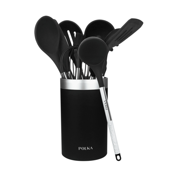 Cecotec Polka Exclusive Wood and Rock Pack de 9 Utensilios de Cocina - Incluye Soporte - Materiales Silicona y Acero - Resistente hasta 220°C - Libre de BPA - Silicona Antiadherente - Color Negro Cecotec Polka Exclusive Wood and Rock Pack de 9 Utensilios de Cocina - Incluye Soporte - Materiales Silicona y Acero - Resistente hasta 220°C - Libre de BPA - Silicona Antiadherente - Color Negro