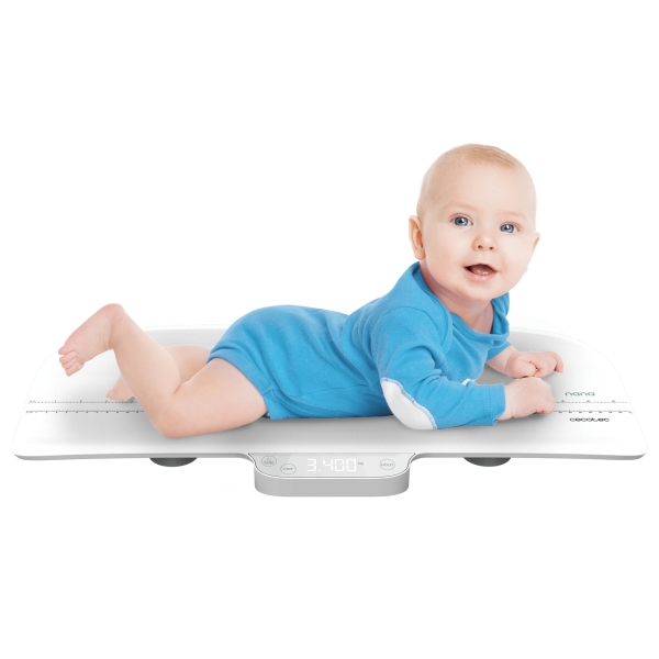 Cecotec Nana BabyCare Smart Weight Bascula para Bebes - Capacidad hasta 40kg - Pantalla LED Clara - Gran Superficie de Soporte - Metro para Medir hasta 60cm - Apagado Automatico - Color Blanco