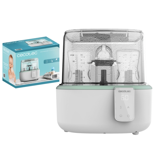 Cecotec Nana BabyCare DigitalSterilizer Esterilizador para hasta 6 Biberones - 600W - Esteriliza en 8min - Libre de BPA - Soporte para Tetinas - 3 Modos - Pantalla Digital - Color Blanco