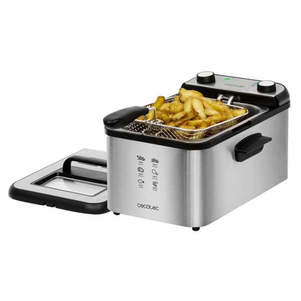 Cecotec Cleanfry Infinity 3000 Freidora Electrica - Potencia de 2400W - Capacidad de 3L - Filtro Incluido - Tapa con Ventana - Temporizador de 30min - Acero Inoxidable - Cubeta Antiadherente