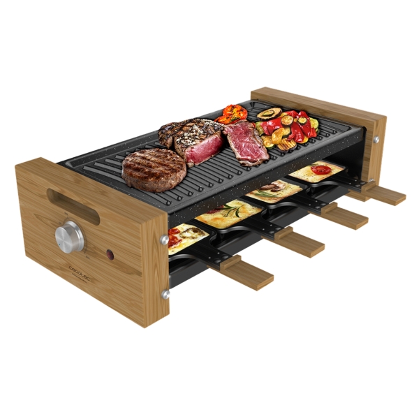 Cecotec Cheese and Grill 8200 Wood Black Raclette - 1200W - 8 Sartenes Antiadherentes - Placa Antiadherente de Acero - Superficie de Grill - Termostato Regulable - Extraible - Color Madera Claro