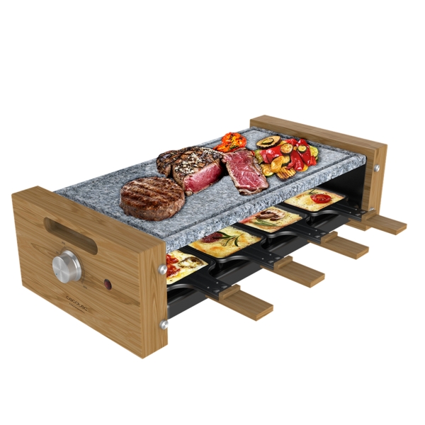 Cecotec Cheese and Grill 8600 Wood AllStone Raclette - Potencia de 1200W - 8 Sartenes Antiadherentes - Placa Piedra Natural - Termostato Regulable - Extraible - Facil Limpieza - Color Madera Claro