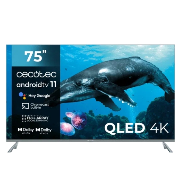 Cecotec V3+ Series VQU30075+ Smart TV de 75\" QLED 4K UHD HDR - 120Hz - USB PVR - Procesador Cortex A55 - Sonido Dolby - WiFi - Android TV 11 - HDMI 2.1 - Chromecast - Bluetooth - Vesa - Color Negro