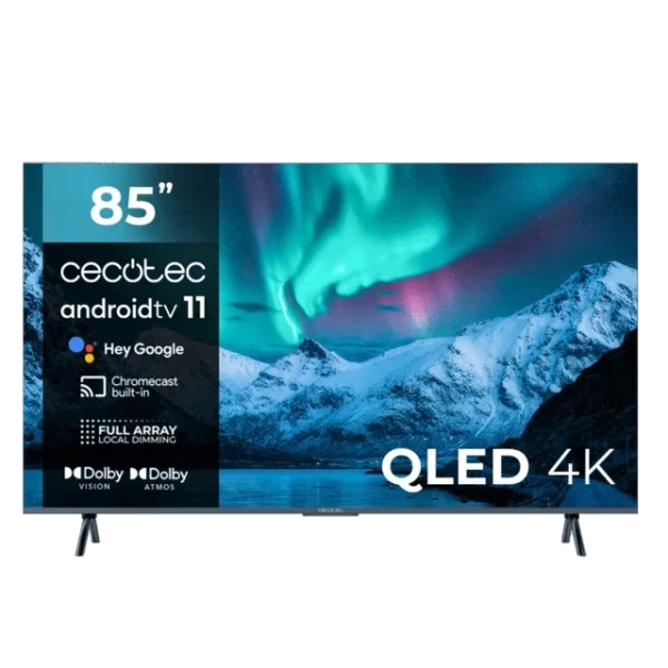 Cecotec V3+ Series VQU30085+ Smart TV de 85\" QLED 4K UHD HDR - 120Hz - USB PVR - Procesador Cortex A55 - Sonido Dolby - WiFi - Android TV 11 - HDMI 2.1 - Chromecast - Bluetooth - Vesa - Color Negro