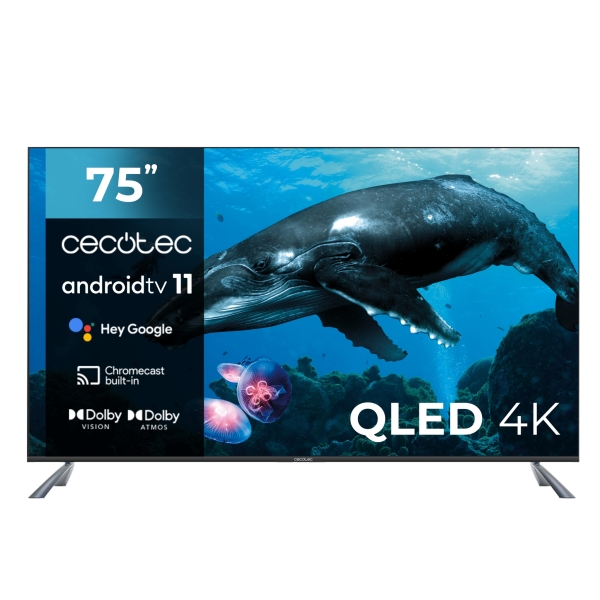 Cecotec V2 series VQU20075S Televisor Smart TV sin Marco de 75\" QLED con Resolucion 4K UHD - Sistema Dolby - Procesador 4 Nucleos - Android TV 11 - HDMI 2.1 48Gbps - Chromecast Integrado - Color Negro