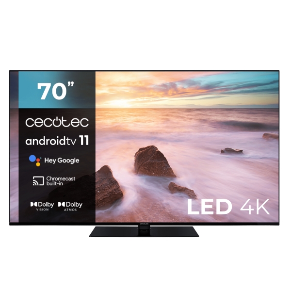 Cecotec A2 series ALU20070ZS Televisor Smart TV sin Marco de 70\" LED con Resolucion 4K UHD - Android TV 11 - Chromecast Integrado - Dolby Vision y Atmos - HDMI 2.1 48Gb - Peana Central - Color Negro