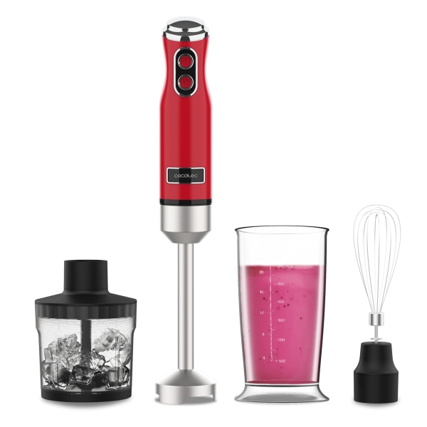 Cecotec Power RetroRed 1200MAX Cream and Crush Batidora de Mano - 1200W - Vaso de 0.5L - Velocidad Ajustable - Apto para Lavavajillas - Cuchillas Recubiertas de Titanio - Color Rojo