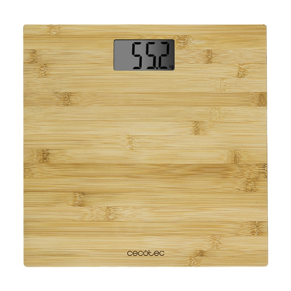 Cecotec Surface Precision 9300 Healthy Bascula Corporal de Bambu - Capacidad hasta 180kg - 4 Sensores - Pantalla LCD - Incluye Cinta Metrica y Pilas - Autoapagado - 300x300mm - Color Madera Claro