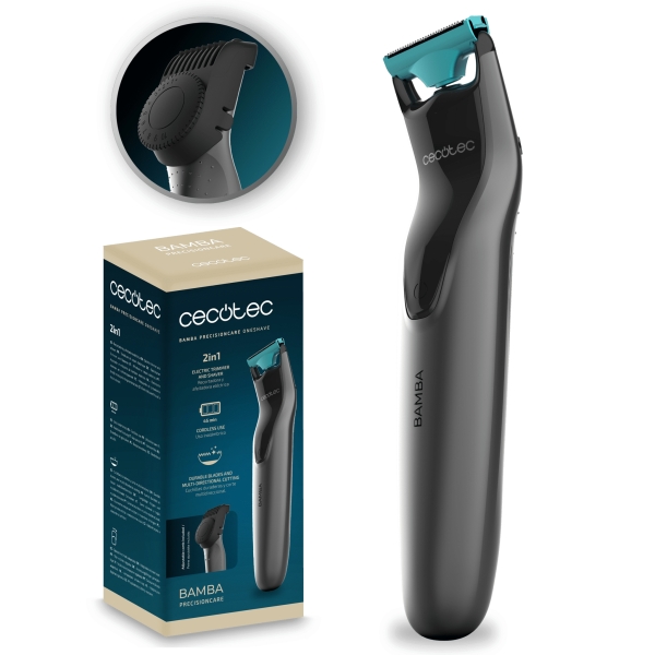 Cecotec Bamba PrecisionCare OneShave Afeitadora Recortadora 2 en 1 - Uso Inalambrico - Cuchillas de Acero Inoxidable - Peine Ajustable de 0.5 a 10mm - Ergonomico - Protector de Cuchilla - Color Gris Cecotec Bamba PrecisionCare OneShave Afeitadora Recortadora 2 en 1 - Uso Inalambrico - Cuchillas de Acero Inoxidable - Peine Ajustable de 0.5 a 10mm - Ergonomico - Protector de Cuchilla - Color Gris