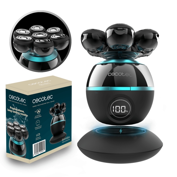 Cecotec Bamba PrecisionCare Skull Shaver Afeitadora Inalambrica para Cabeza - 7 Cuchillas Flotantes - Pantalla de Bateria - Base de Carga - Autonomia 60min - Facil Limpieza y Mantenimiento - Color Negro