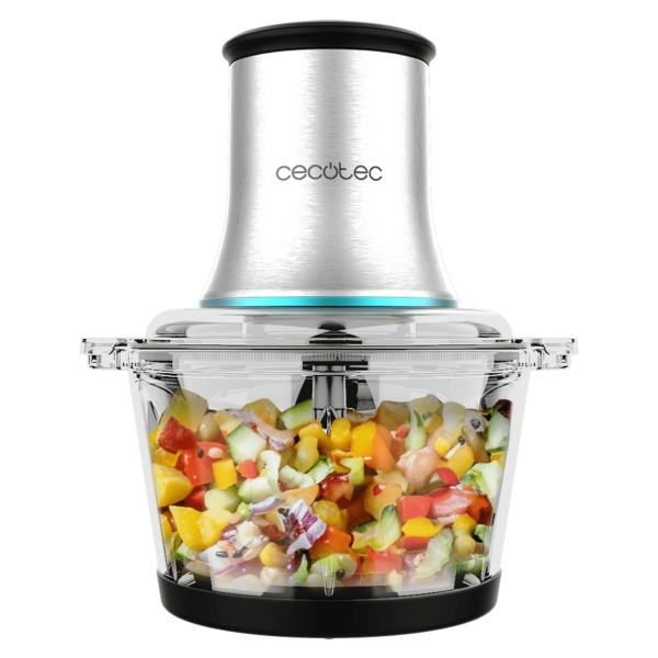 Cecotec ChopBeat 2000 Vindaloo Glass Picadora Electrica - Potencia 500W - Capacidad 500g - Cuchillas de Acero Inoxidable - Apto Lavavajillas - Base Antideslizante - 2 Velocidades - Color Negro y Plateado