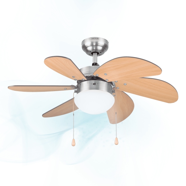 Cecotec EnergySilence Aero 350 Ventilador de Techo con 6 Aspas Reversibles y Luz - 50W - Funcionamiento Silencioso - Modo Invierno/Verano - 3 Velocidades - Aspas de Madera Clara - Acero Inoxidable