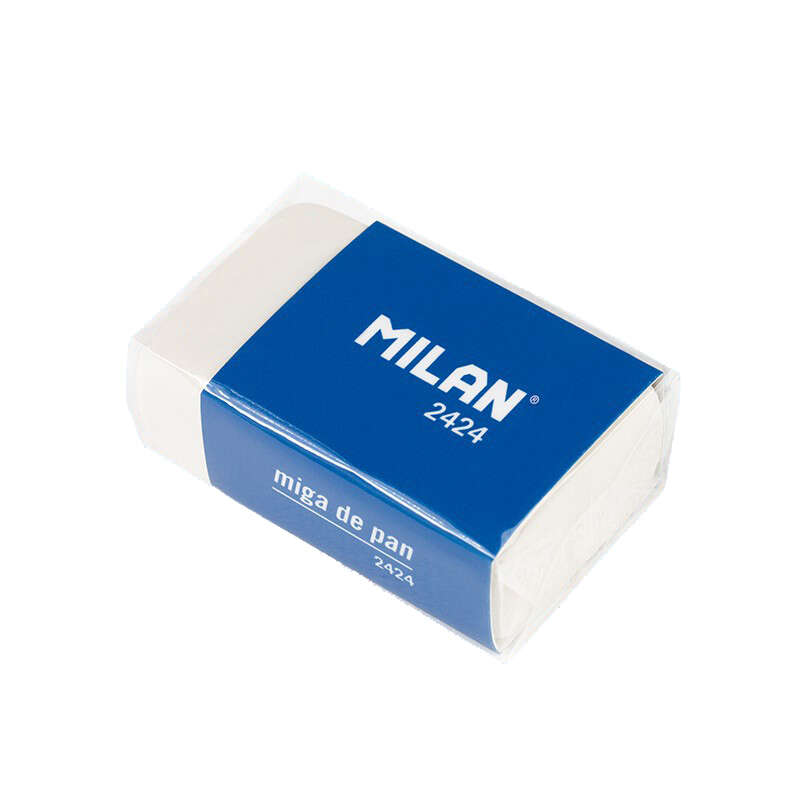 Milan 2424 Goma de Borrar Rectangular - Miga de Pan - Suave - Caucho Sintetico - Faja de Carton Azul - Envuelta Individualmente - Color Blanco