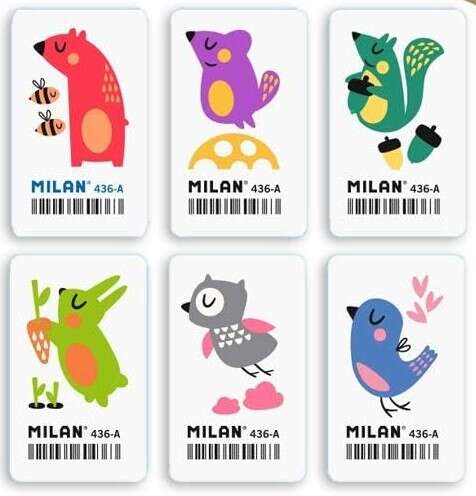 Milan 436A Goma de Borrar Rectangular Flexible - Miga de Pan - Caucho Sintetico - Dibujos Infantiles - Dibujos Surtidos