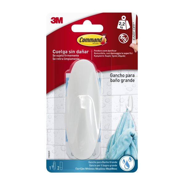 Command Gancho Grande para Aseo - Resistente al Agua - 2 Tiras Adhesivas - Soporta hasta 2.2kg - Color Blanco