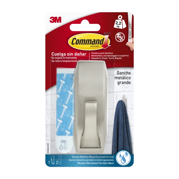Command Gancho Metalico Grande para Aseo - Estilo Moderno - 2 Tiras Adhesivas - Soporta hasta 2.2kg - Resistente al Agua - Color Niquel Satinado