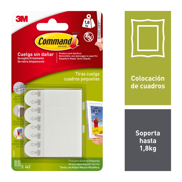 Command Pack de 4 Tiras para Colgar Cuadros - Talla S - Soporta hasta 1.8kg - Color Blanco