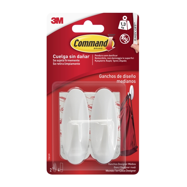 Command Pack de 2 Ganchos Medianos - 4 Tiras Adhesivas - Soporta hasta 1.3kg - Color Blanco