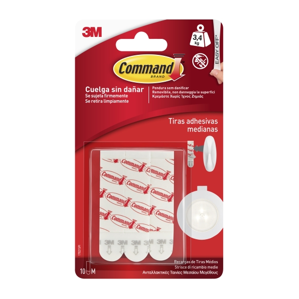 Command Pack de 10 Tiras Adhesivas de Repuesto - Formato M - Soporta hasta 3.4kg - Color Blanco Command Pack de 10 Tiras Adhesivas de Repuesto - Formato M - Soporta hasta 3.4kg - Color Blanco