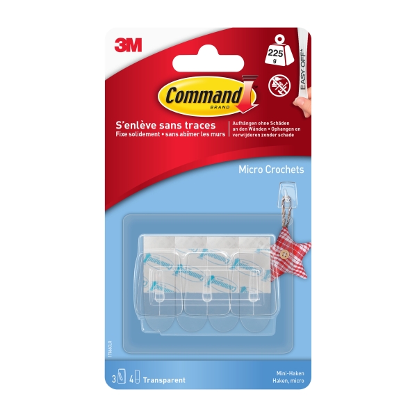 Command Mini Pack de 3 Ganchos - 4 Tiras Adhesivas - Soportan hasta 225G - Color Transparente