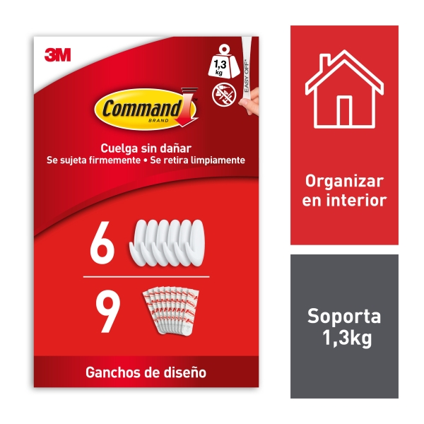 Command Pack de 6 Ganchos Medianos - 9 Tiras Adhesivas - Soporta hasta 1.3kg - Color Blanco
