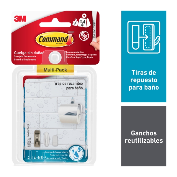 Command Pack de 16 Tiras Adhesivas de Repuesto - Formatos Surtidos - Resistente al Agua - Color Azul Command Pack de 16 Tiras Adhesivas de Repuesto - Formatos Surtidos - Resistente al Agua - Color Azul