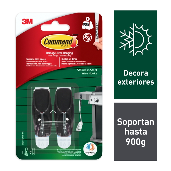 Command Pack de 2 Ganchos para Exterior - 2 Tiras Adhesivas - Soporta hasta 0.9kg - Punta Metalizada - Color Negro