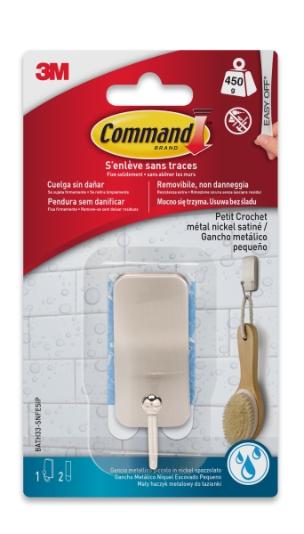 Command Gancho Compacto para Aseo - Resistente al Agua - 1 Unidad - 2 Tiras Adhesivas - Soporta hasta 450G - Talla S - Color Niquel Satinado