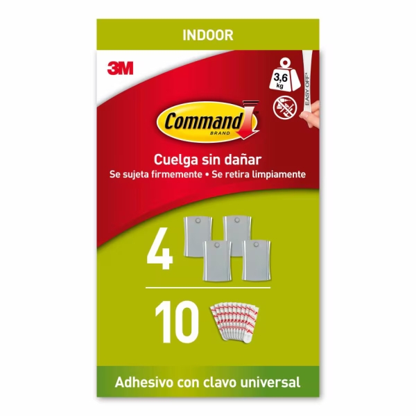 Command Universal Soporte Adhesivo con Clavo para Colgar - 4 Ganchos - 10 Tiras - Grande - Soporta hasta 3.6kg - Color Gris