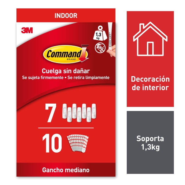 Command Pack de 7 Ganchos Medianos - 10 Tiras Adhesivas - Uso en Interior - Soporta hasta 1.3kg - Color Blanco