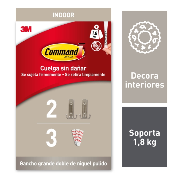 Command Pack de 2 Ganchos Dobles Grandes - 3 Tiras Adhesivas - Soporta hasta 1.8kg - Color Niquel