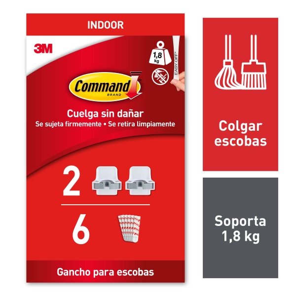 Command Soporte de Pared para Escoba - 6 Pack de 2 Tiras Adhesivas - Soporta hasta 1.8kg - Color Blanco
