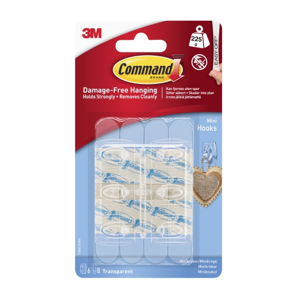 Command Mini Pack de 30 Ganchos - 32 Tiras Adhesivas - Soportan hasta 225G - Color Transparente