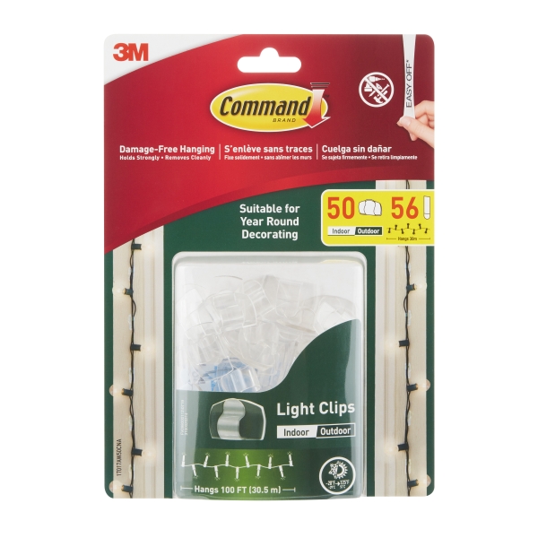 Command Pack de 50 Ganchos para Luces - Sujeccion de Clip - 56 Tiras Adhesivas - Color Transparente