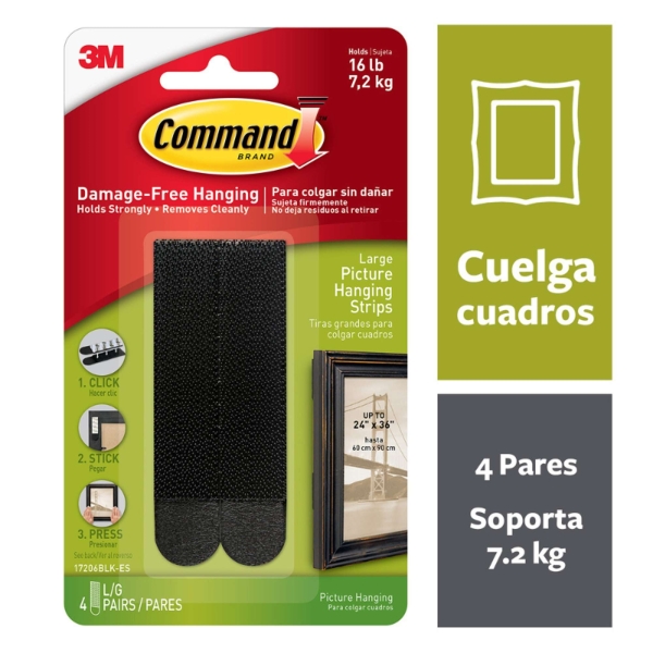 Command Pack de 8 Tiras Adhesivas para Colgar Cuadros - 4 Pares L - Soporta hasta 7.2kg - Color Negro Command Pack de 8 Tiras Adhesivas para Colgar Cuadros - 4 Pares L - Soporta hasta 7.2kg - Color Negro