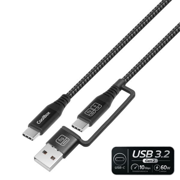 CoolBox Cable USB-C a USB-C 3.2 con Adaptador a USB-A - 60W - Longitud 1,8m - Color Negro CoolBox Cable USB-C a USB-C 3.2 con Adaptador a USB-A - 60W - Longitud 1,8m - Color Negro