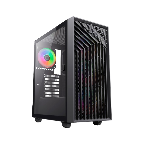 Coolbox GA300 GridLine Caja Torre ATX, Micro ATX, Mini-ITX - Lateral Cristal Templado - Tamaño HDD 2.5\", 3.5\" - USB-A 3.0, USB-C y Audio - 3 Ventiladores ARGB 120mm - Soporta Refrigeracion Liquida - Color Negro