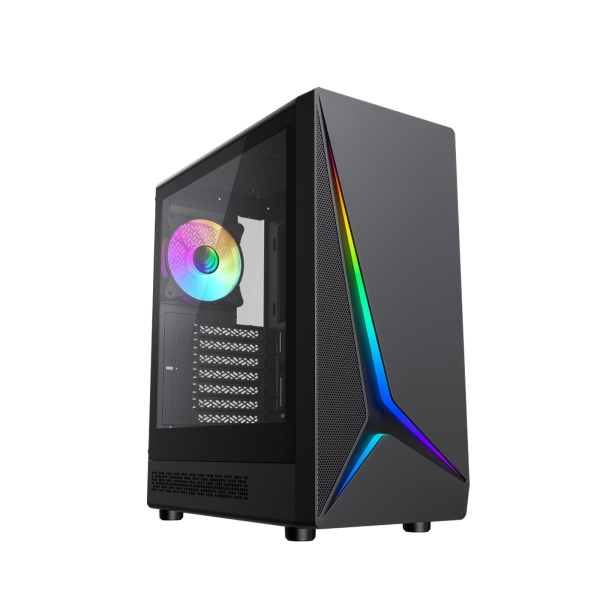 Coolbox GA450 StarLight Caja Torre ATX, Micro ATX, Mini-ITX - Lateral Cristal Templado - Tamaño HDD 2.5\", 3.5\" - USB-A 3.0, USB-C y Audio - Ventilador Trasero ARGB 120mm - Soporta Refrigeracion Liquida - Color Negro