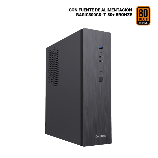 Coolbox T370 Slim Caja Torre MicroATX - Tamaño Disco Soportado 2.5\" - USB-A 3.2 Gen1, USB-C 3.2 Gen1 y Audio HD - Fuente de Alimentacion 500W - Color Negro