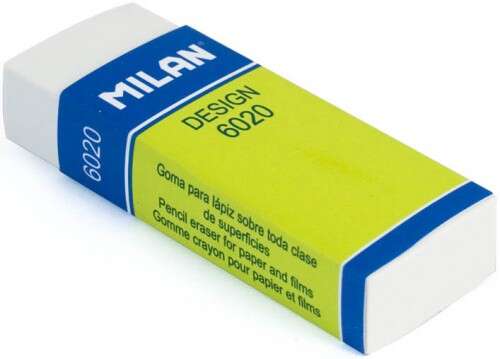 Milan Nata 6020 Goma de Borrar para Dibujo - Rectangular - Plastico - Faja de Carton Verde - Envuelta Individualmente - Color Blanco